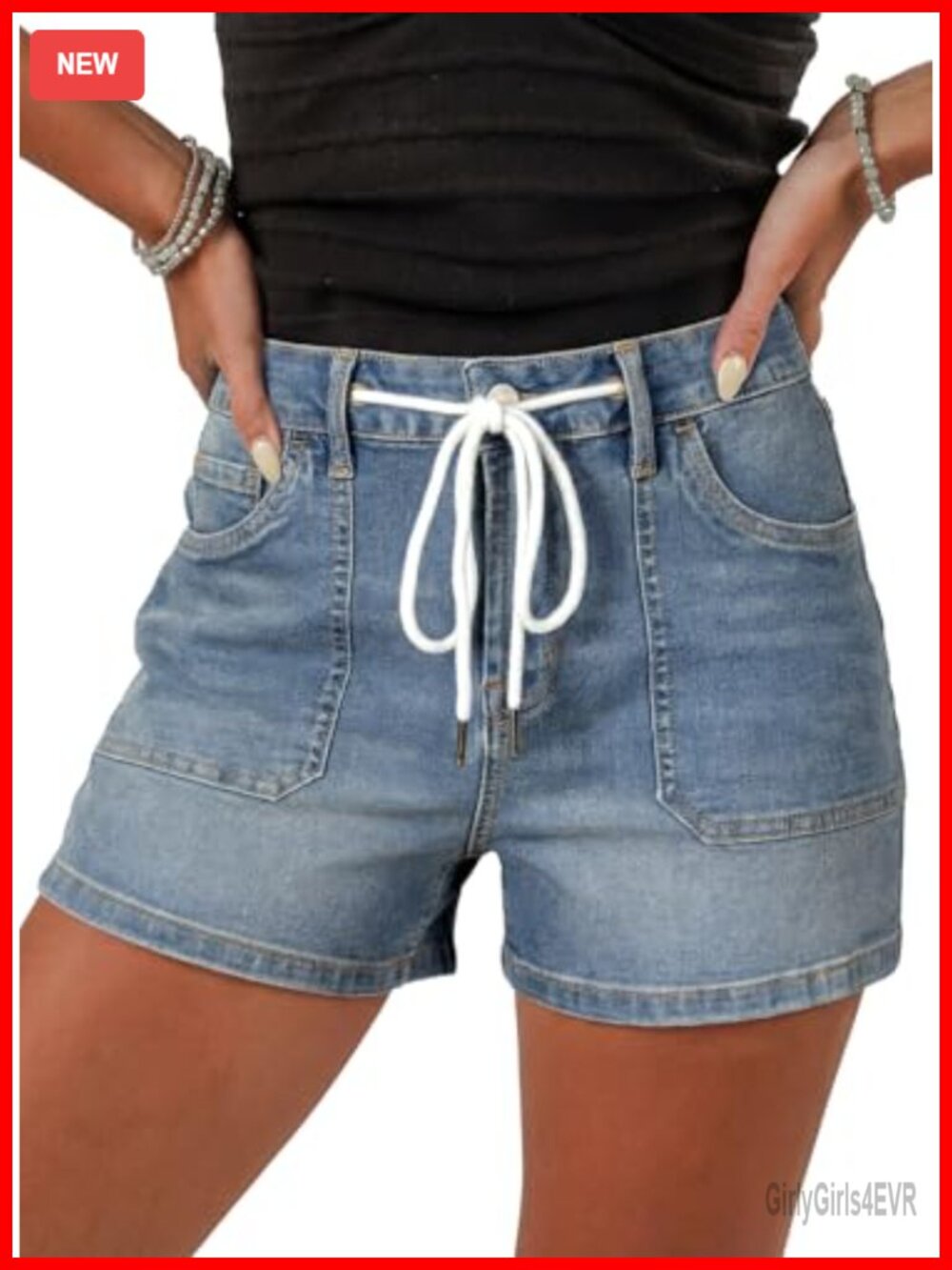 High Waisted Jean Shorts for Women Drawstring Stretchy Denim 5 Pockets